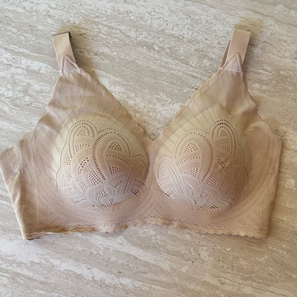 Tan wireless, soft lace bra